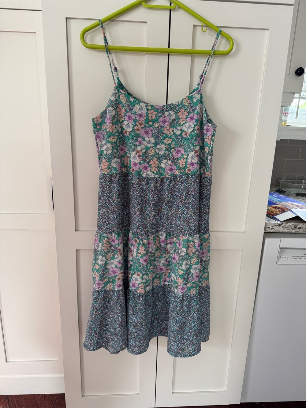 Monteau Floral Tiered Patchwork Midi Dress in Teal and Lavender